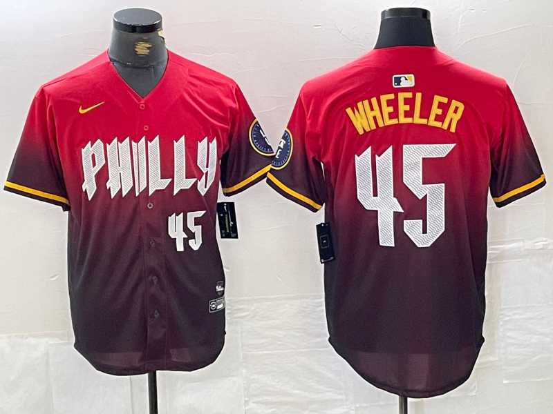 Men%27s Philadelphia Phillies #45 Zack Wheeler Red 2024 City Player Number Cool Base Jersey